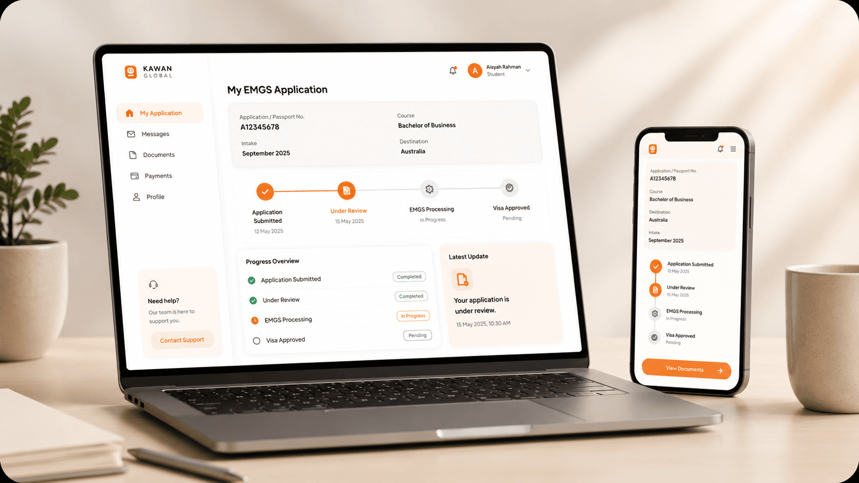 Student checking EMGS visa application status on phone