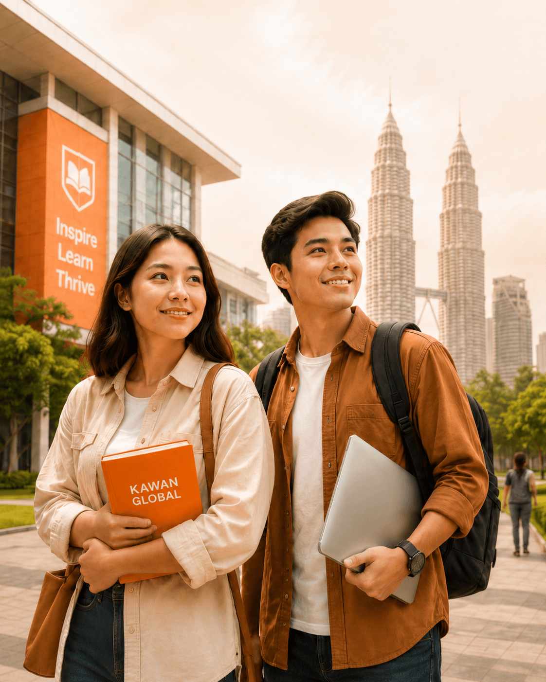 Students on a Malaysia university campus with Kuala Lumpur skyline