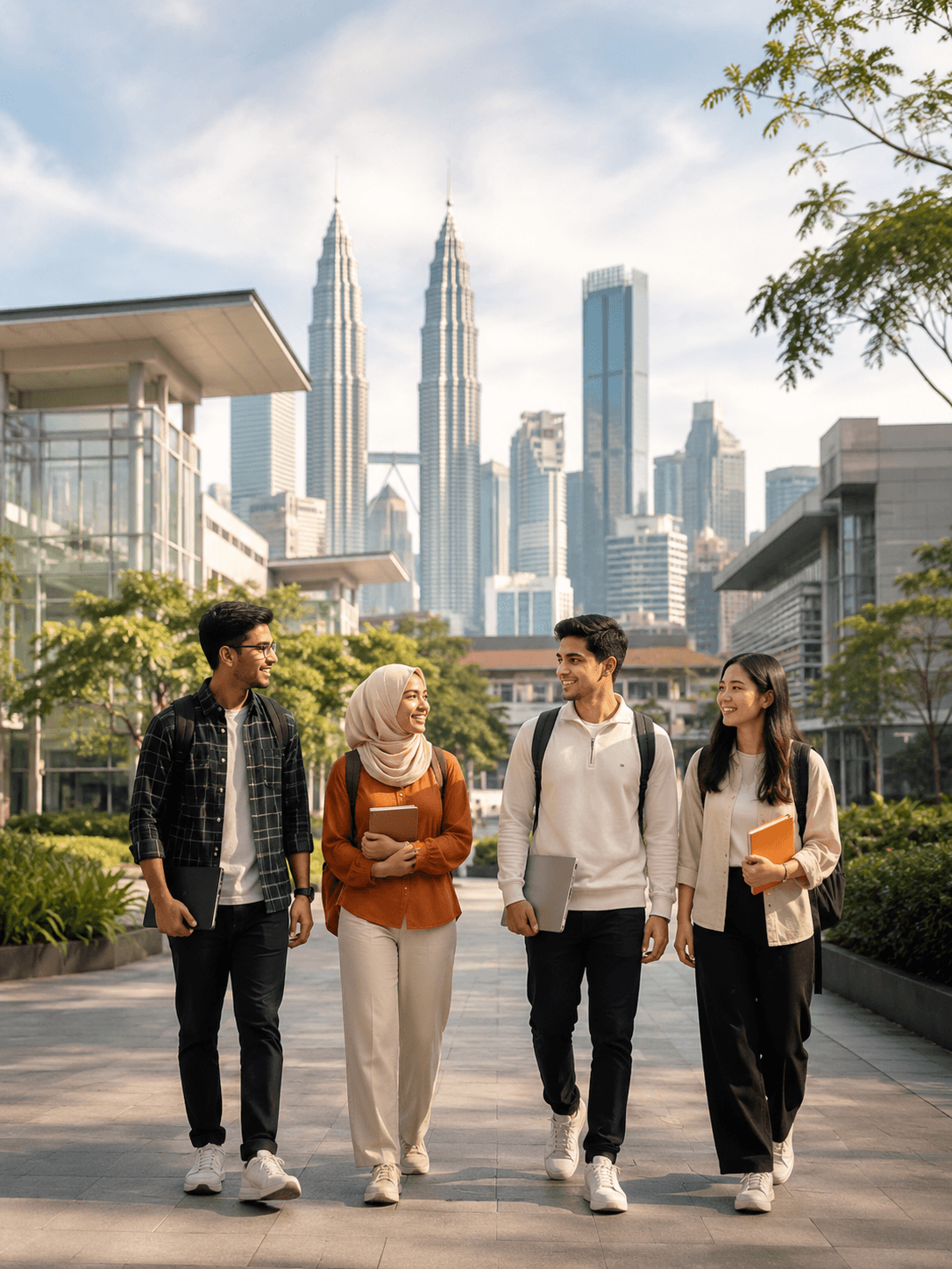 Students walking on a university campus in Kuala Lumpur, Malaysia